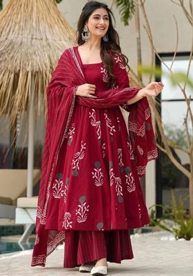 Maroon Printed Viscose Kurta Set