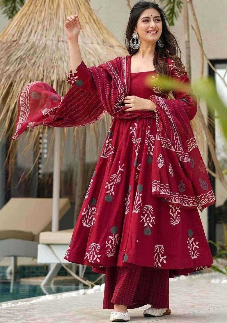Maroon Printed Viscose Kurta Set - Indya