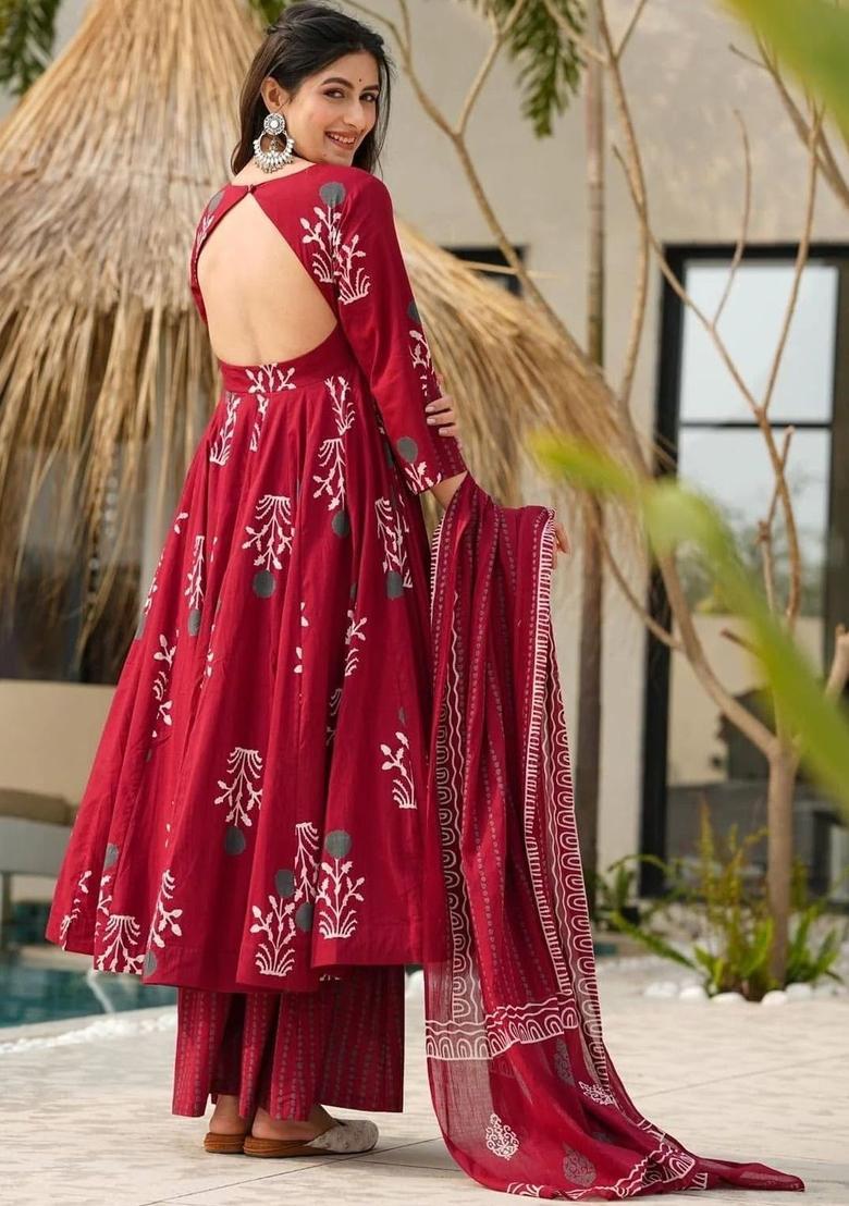 Maroon Printed Viscose Kurta Set - Indya
