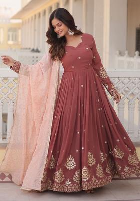 Maroon Embroidered Georgette Kurta Set