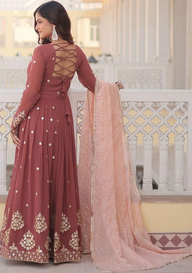 Maroon Embroidered Georgette Kurta Set - Indya