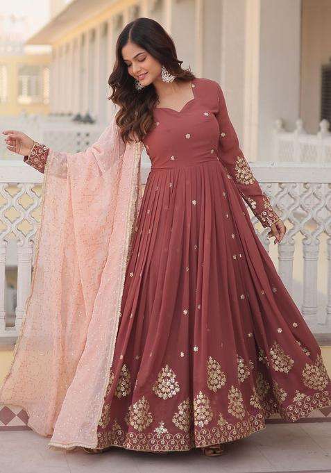Maroon Embroidered Georgette Kurta Set