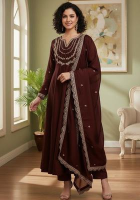 Maroon Embroidered Silk Kurta Set