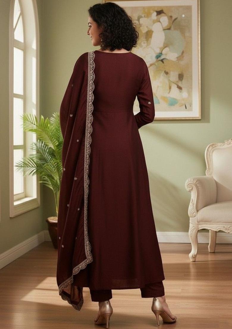 Maroon Embroidered Silk Kurta Set - Indya