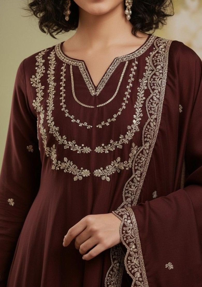 Maroon Embroidered Silk Kurta Set - Indya