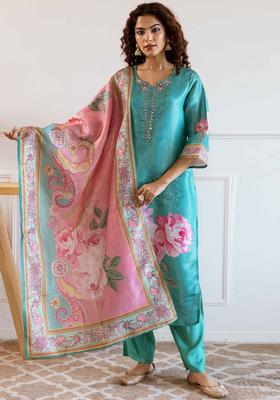 Turquoise Blue Printed Silk Kurta Set
