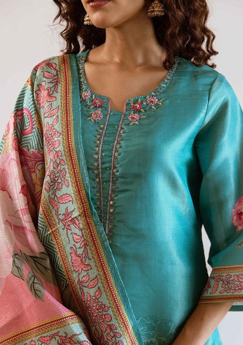 Turquoise Blue Printed Silk Kurta Set - Indya