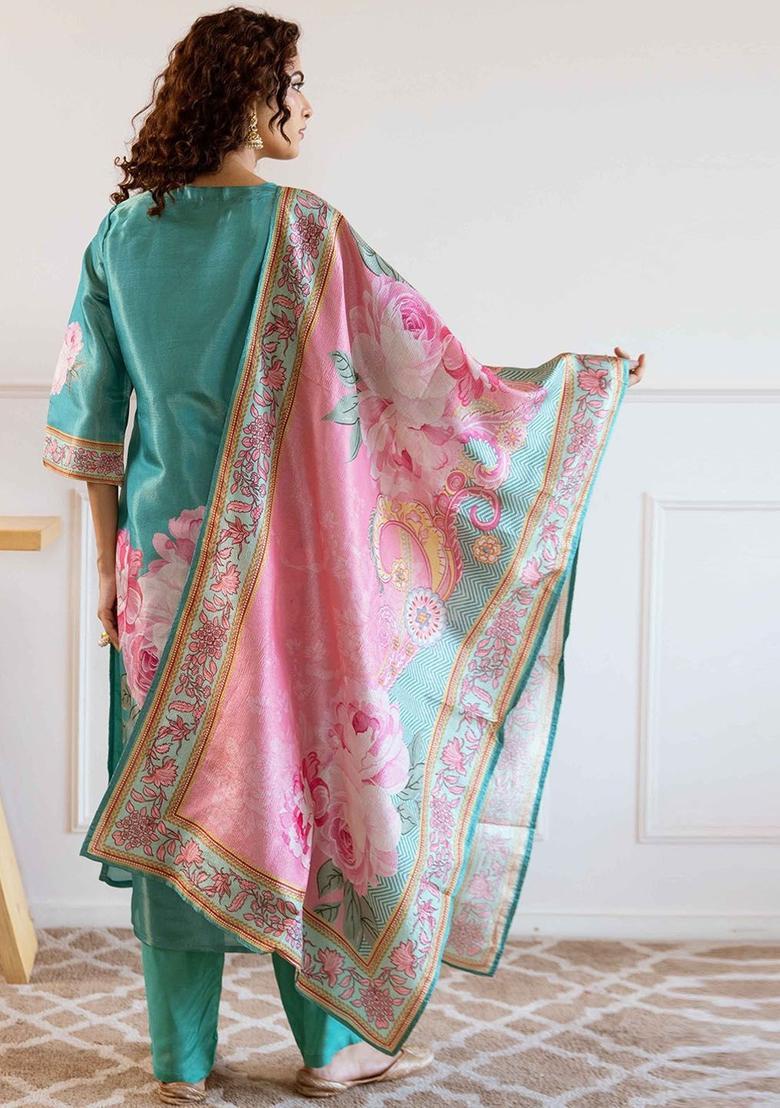 Turquoise Blue Printed Silk Kurta Set - Indya