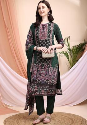 Green Printed Silk Kurta Set