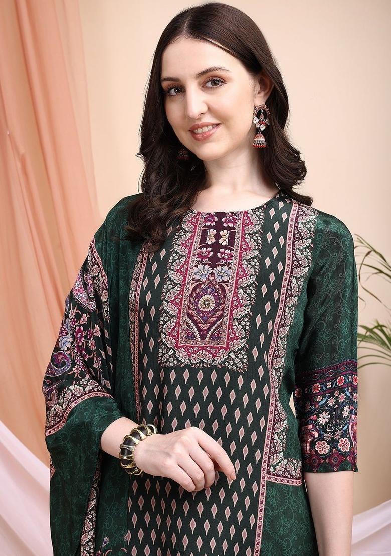 Green Printed Silk Kurta Set - Indya