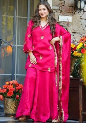 Fuchsia Embroidered Silk Kurta Set