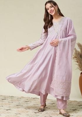 Lavender Embroidered Silk Kurta Set
