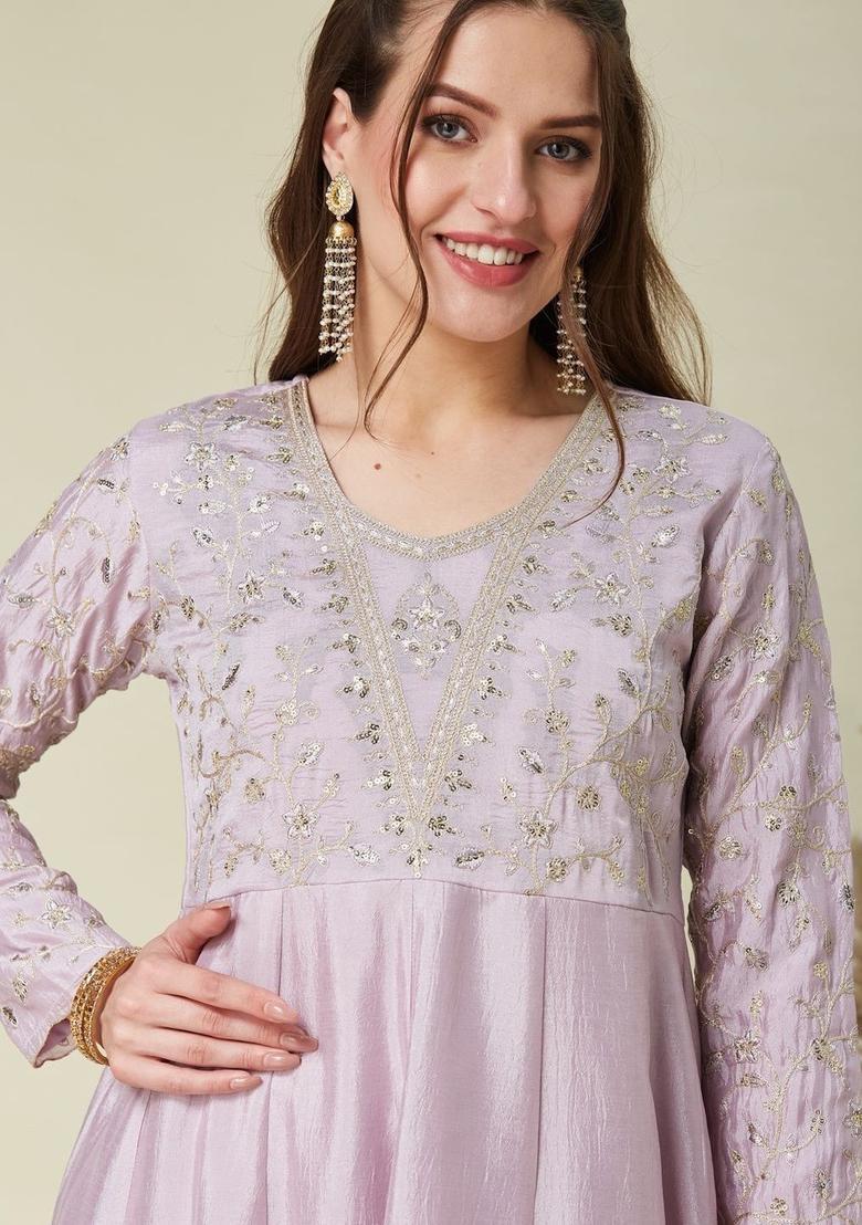 Lavender Embroidered Silk Kurta Set - Indya