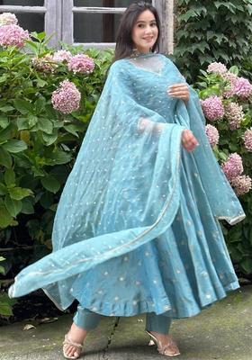 Turquoise Blue Embroidered Silk Blend Kurta Set