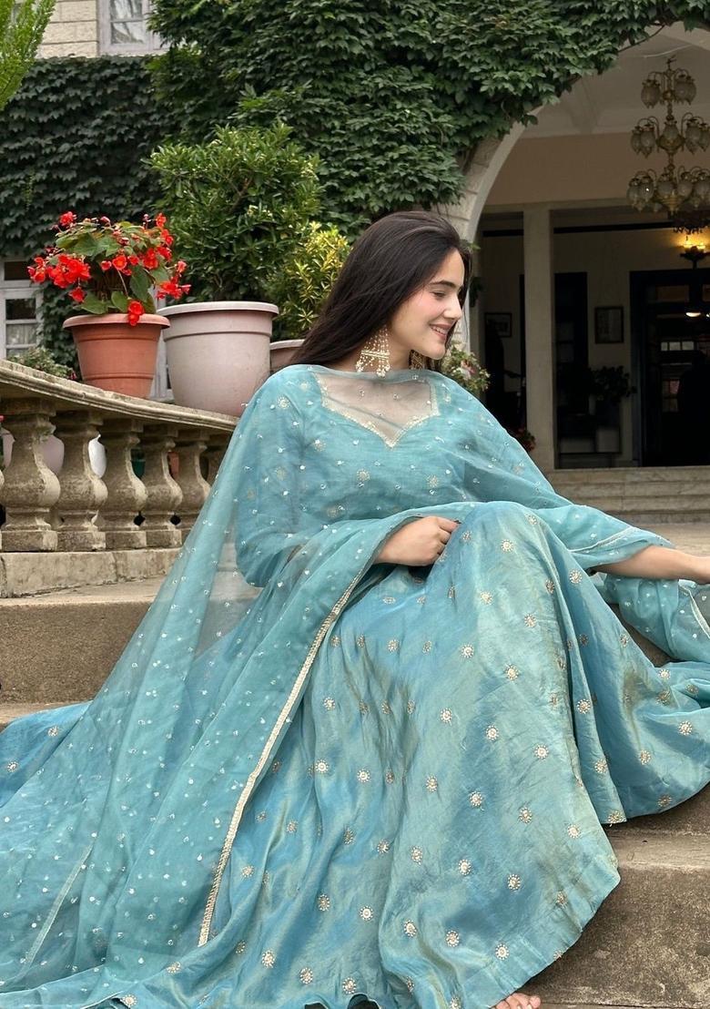 Turquoise Blue Embroidered Silk Kurta Set - Indya