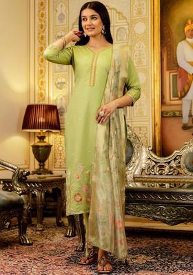 Green Embroidered Viscose Kurta Set