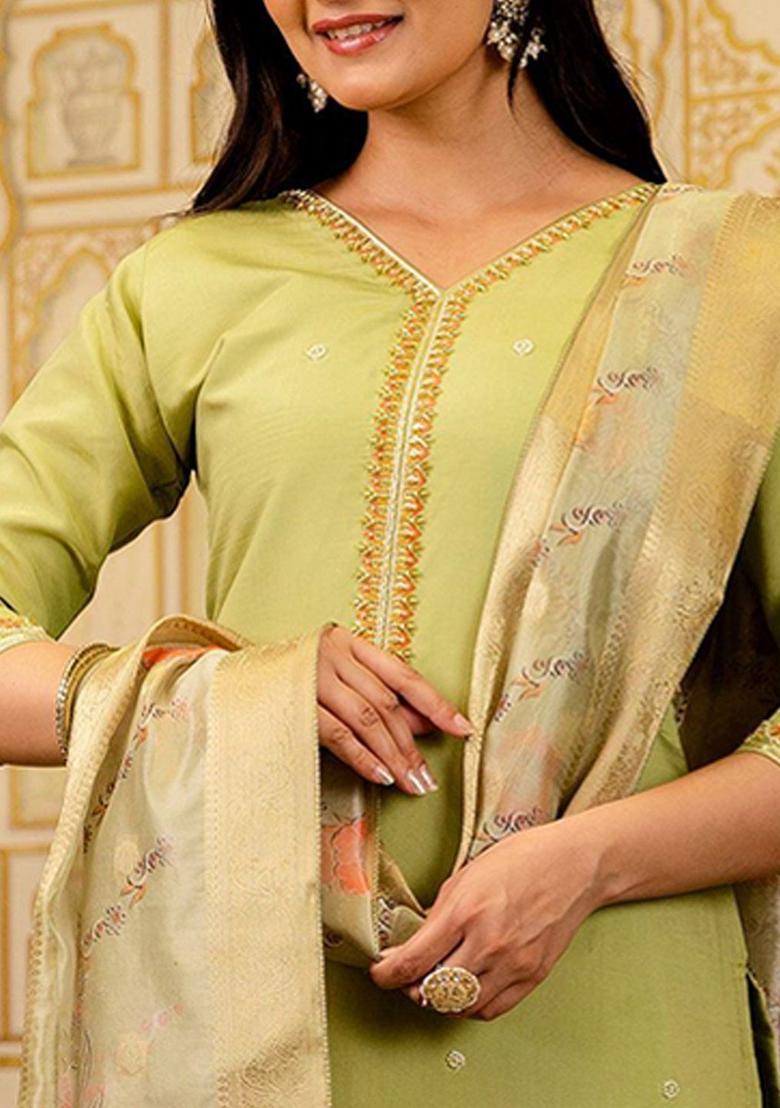 Green Embroidered Viscose Kurta Set - Indya