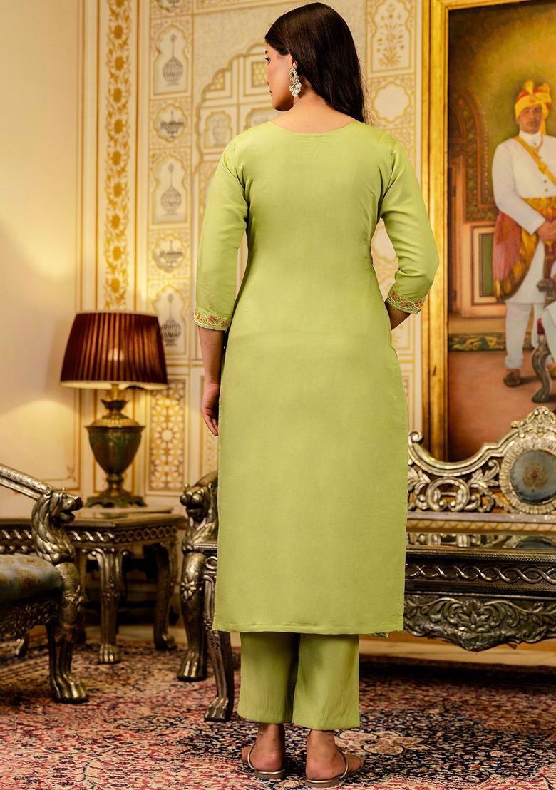 Green Embroidered Viscose Kurta Set - Indya