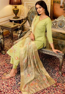 Lime Green Embroidered Viscose Kurta Set