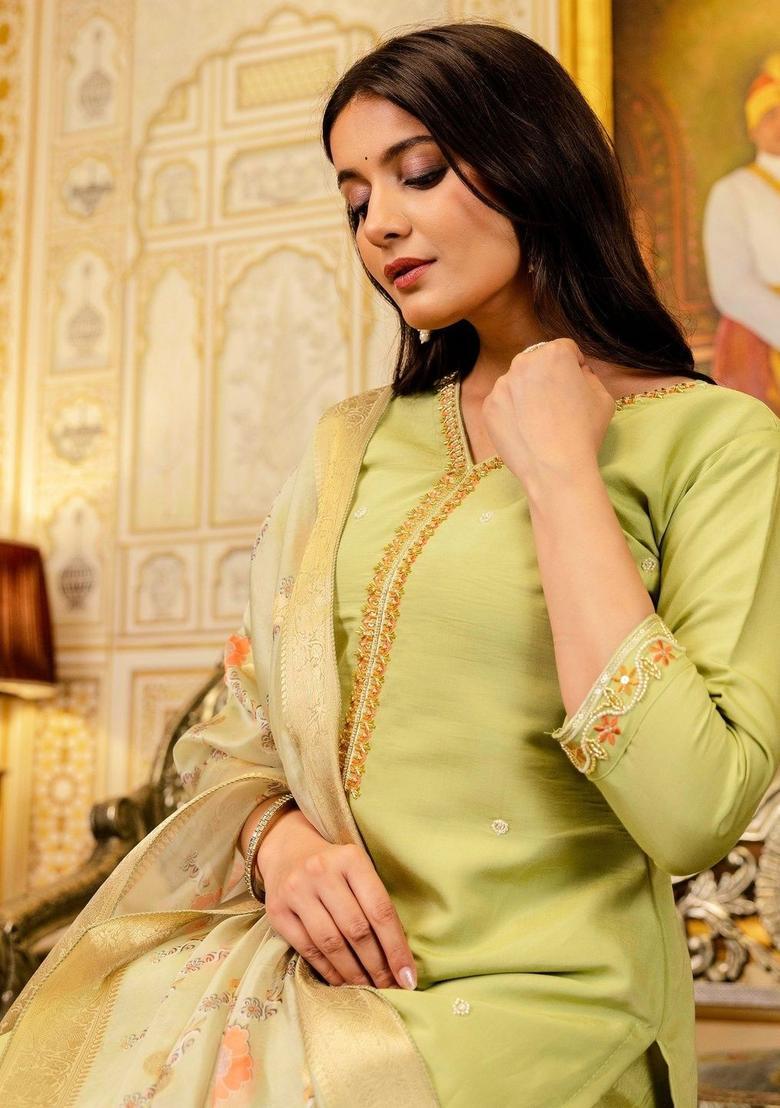 Lime Green Embroidered Viscose Kurta Set - Indya