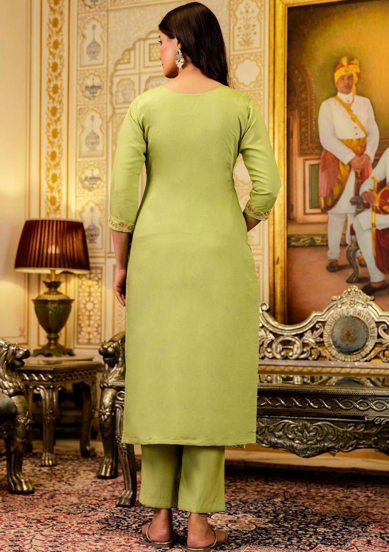 Lime Green Embroidered Viscose Kurta Set - Indya