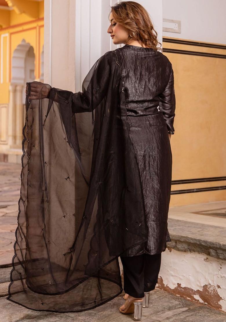 Black Solid Silk Kurta Set - Indya