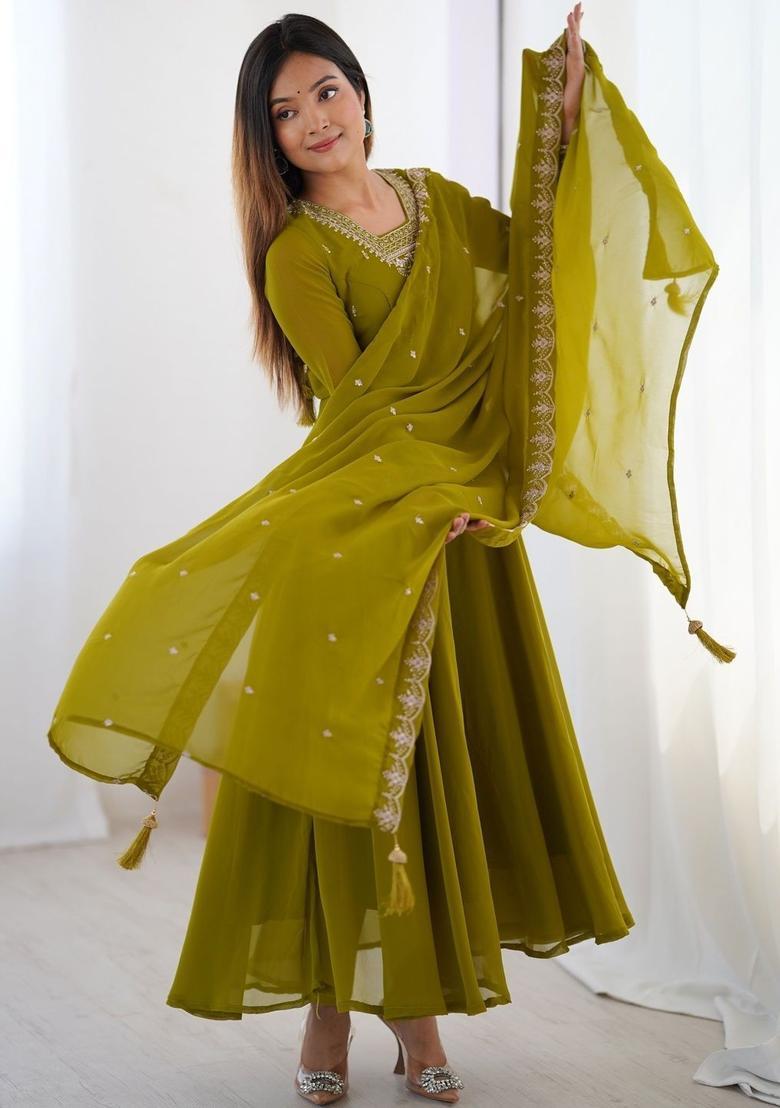 Olive Embroidered Georgette Kurta Set - Indya