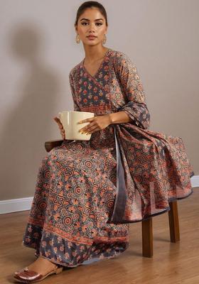 Grey Printed Cotton Kurta Set