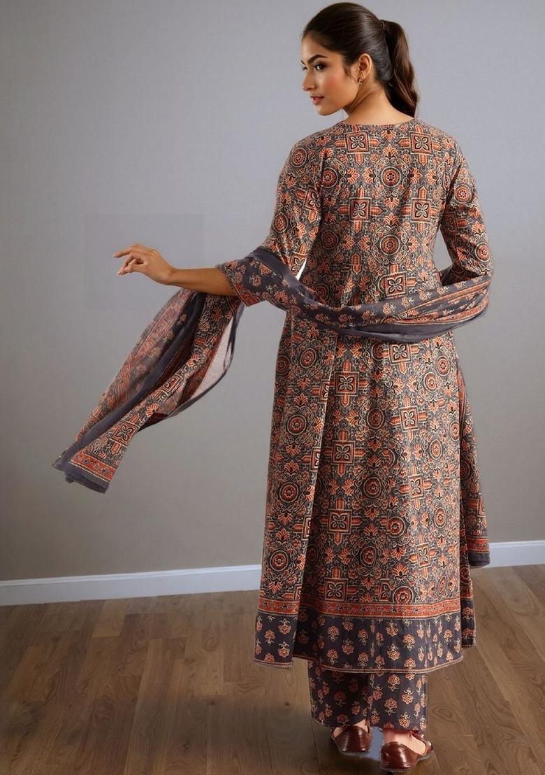 Grey Printed Cotton Kurta Set - Indya