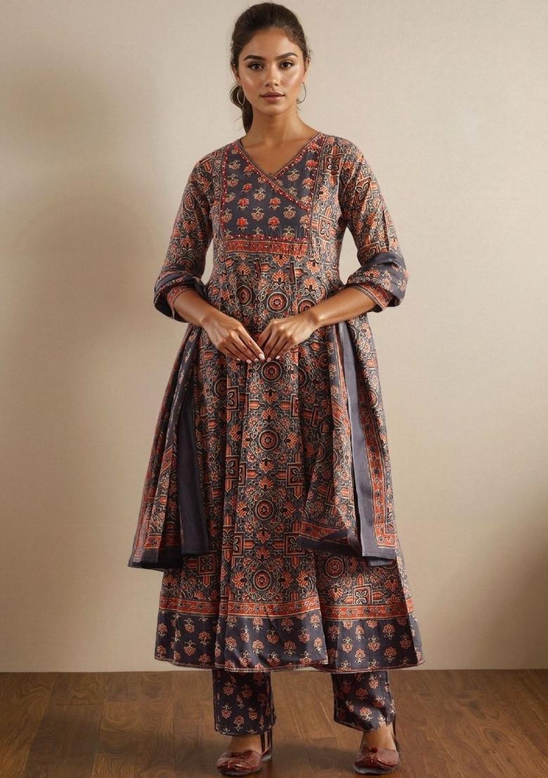 Grey Printed Cotton Kurta Set - Indya