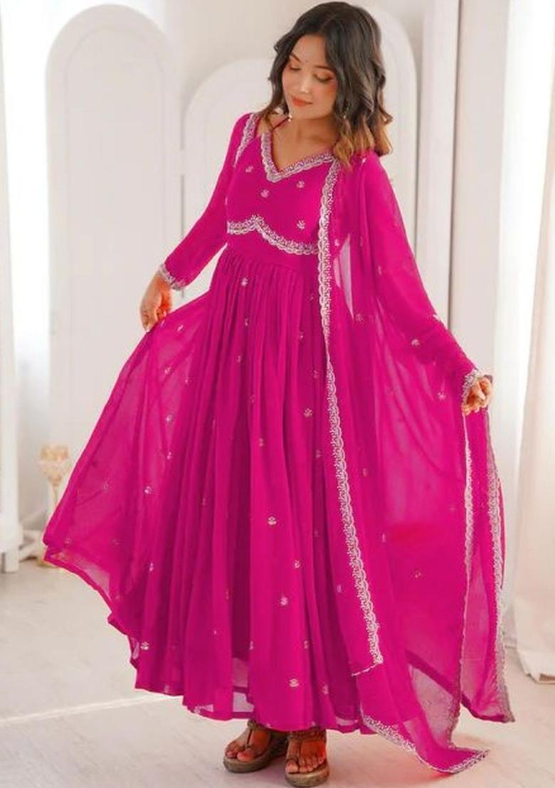 Magenta Embroidered Georgette Kurta Set - Indya