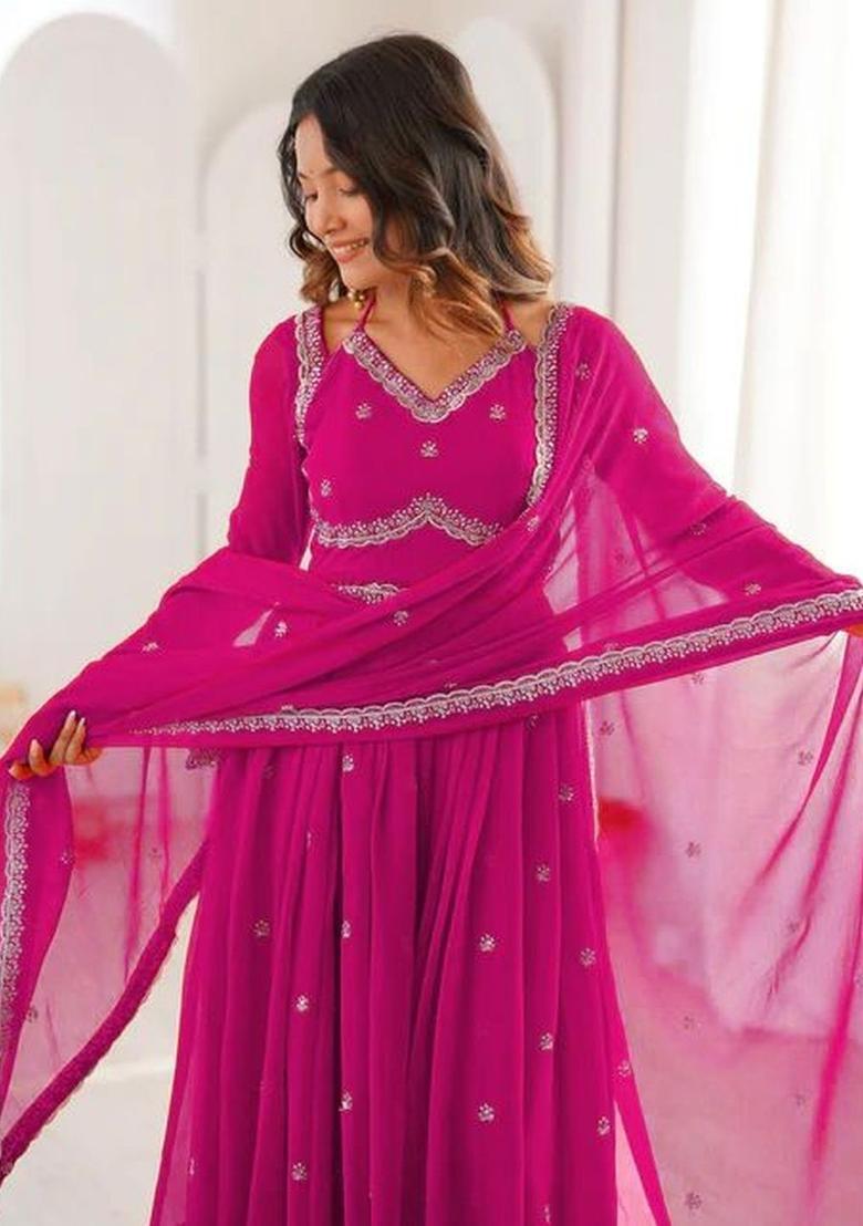 Magenta Embroidered Georgette Kurta Set - Indya