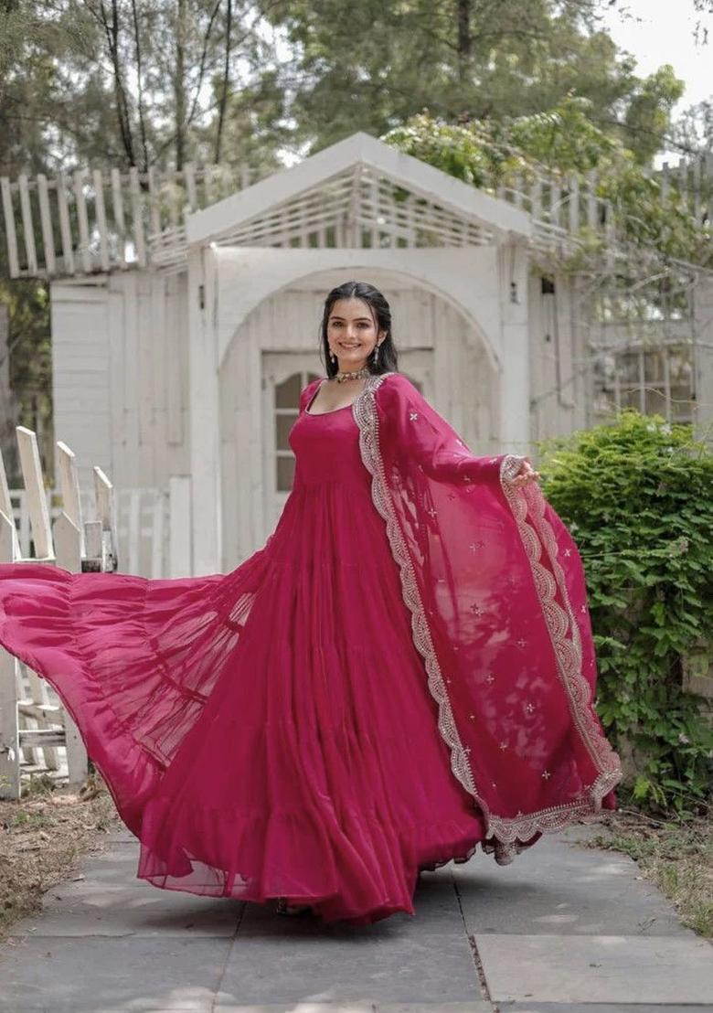 Pink Solid Georgette Anarkali Set - Indya