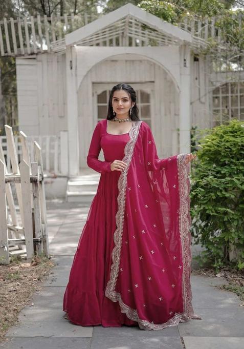 Pink Solid Georgette Anarkali Set — view on Indya