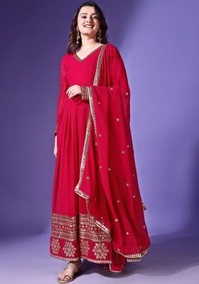 Red Embroidered Georgette Kurta Set