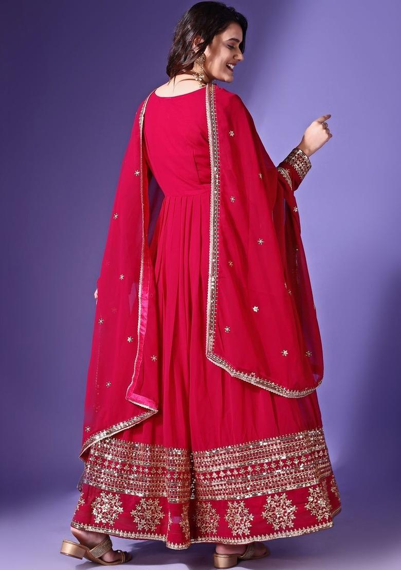 Red Embroidered Georgette Kurta Set - Indya