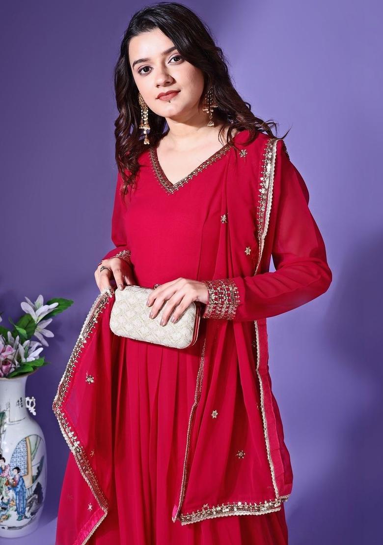 Red Embroidered Georgette Kurta Set - Indya