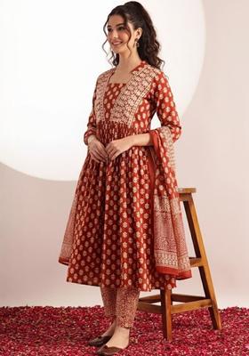 Rust Printed Cotton Kurta Set