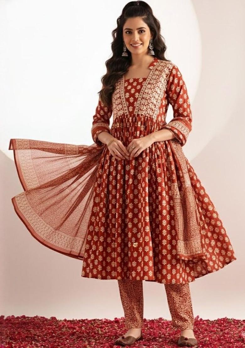 Rust Printed Cotton Kurta Set - Indya