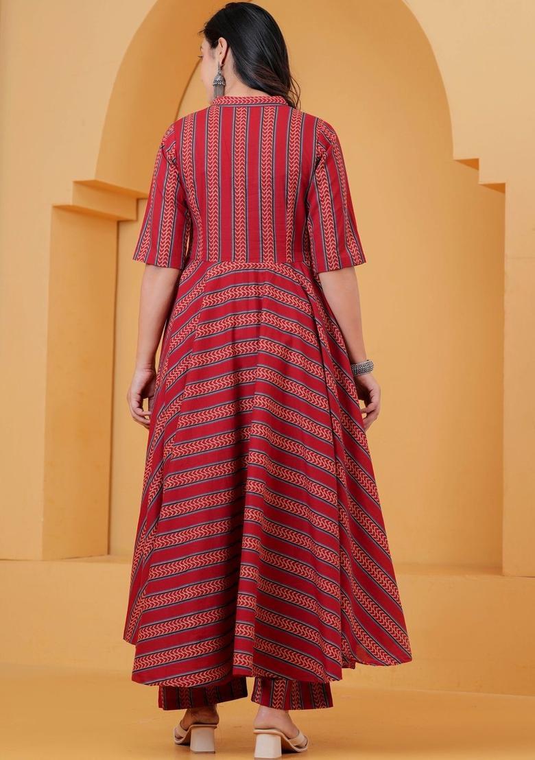 Red Printed Cotton Kurta Set - Indya