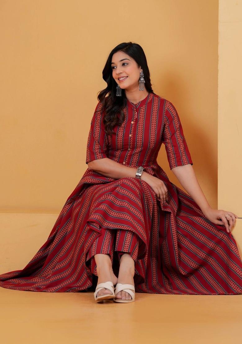 Red Printed Cotton Kurta Set - Indya