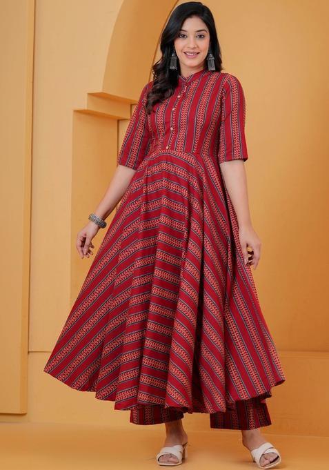 Red Printed Cotton Kurta Set — view on Indya