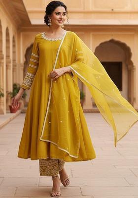 Yellow Solid Silk Anarkali Set