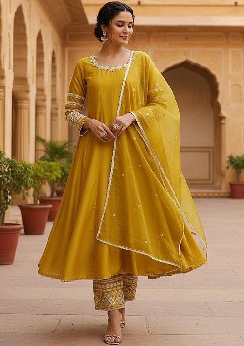 Yellow Solid Silk Anarkali Set - Indya