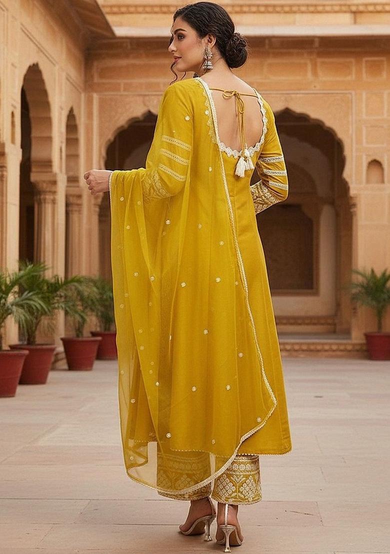Yellow Solid Silk Anarkali Set - Indya