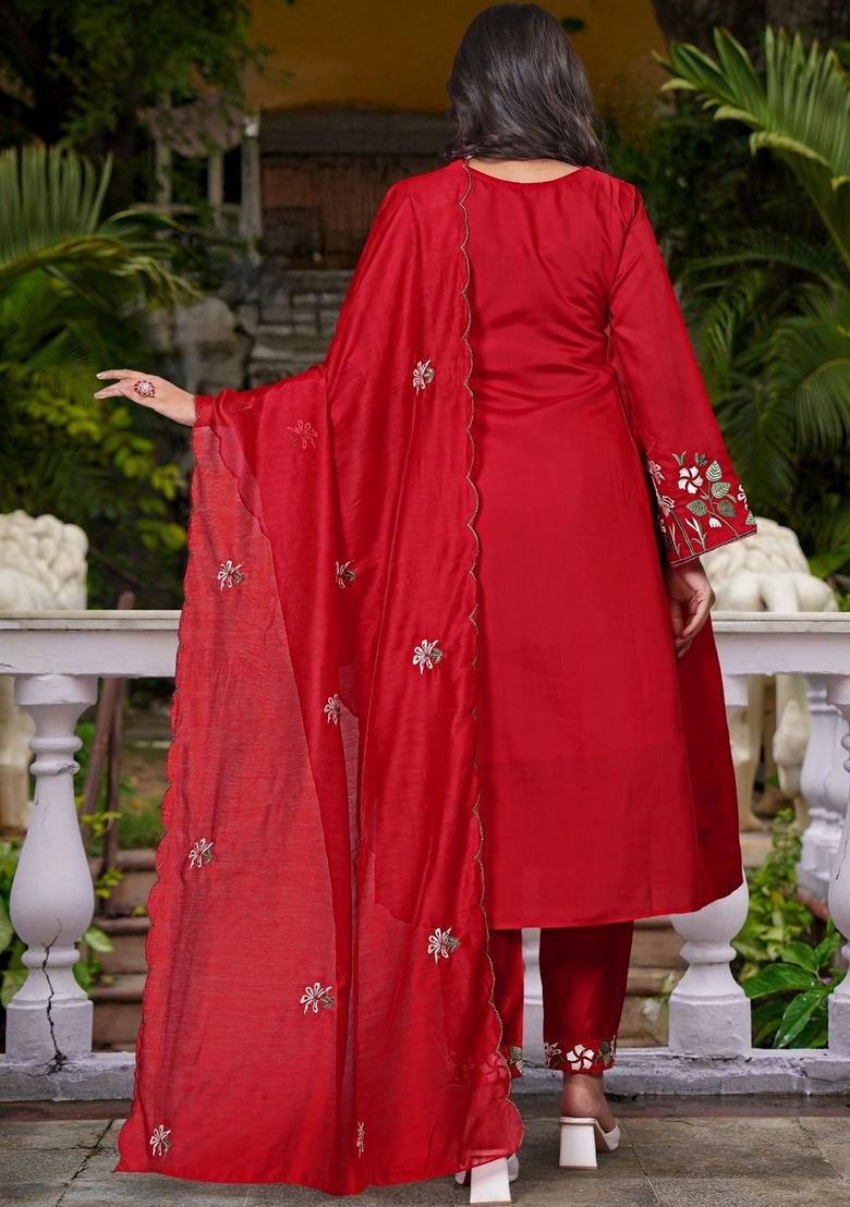 Red Embroidered Silk Kurta Set - Indya