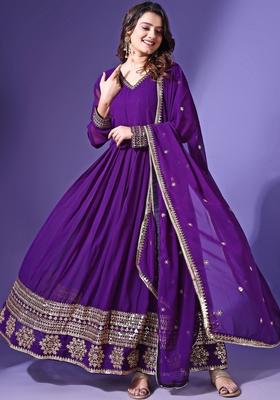 Purple Embroidered Georgette Kurta Set