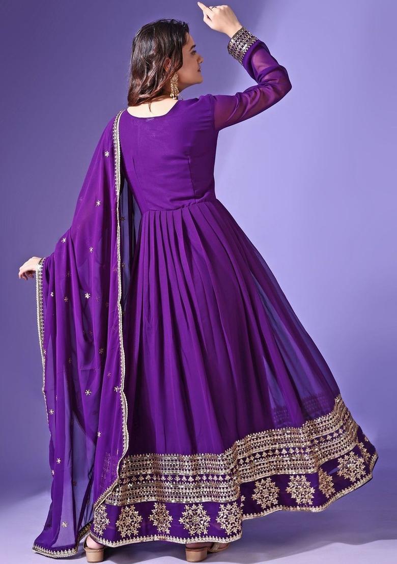 Purple Embroidered Georgette Kurta Set - Indya