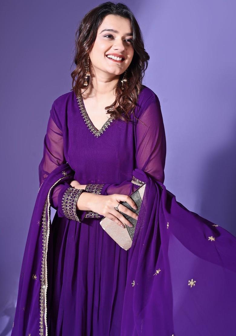 Purple Embroidered Georgette Kurta Set - Indya