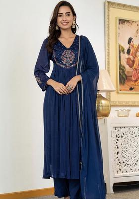 Navy Blue Embroidered Silk Kurta Set